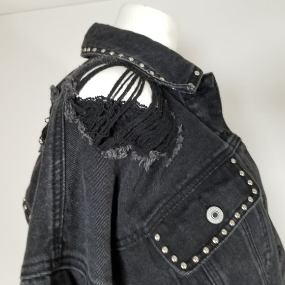 Forever 21 Jean Denim Jacket Coat S Black Distressed Stud Bling Gothic Punk Alt - Picture 7 of 12